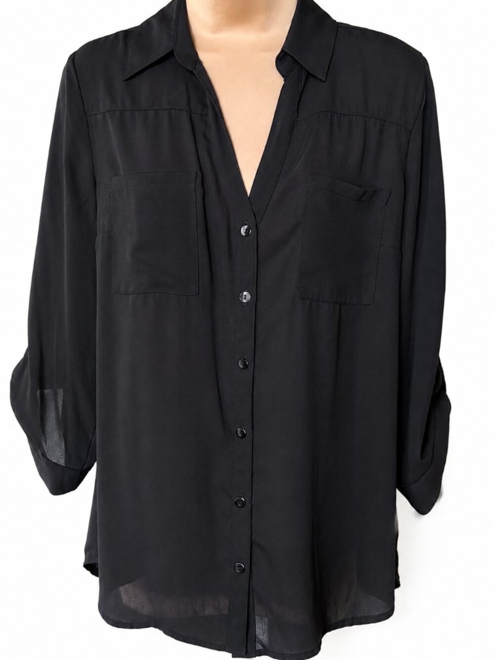 BCX Roll Tab Sleeve Button Down Collared Blouse NWOT